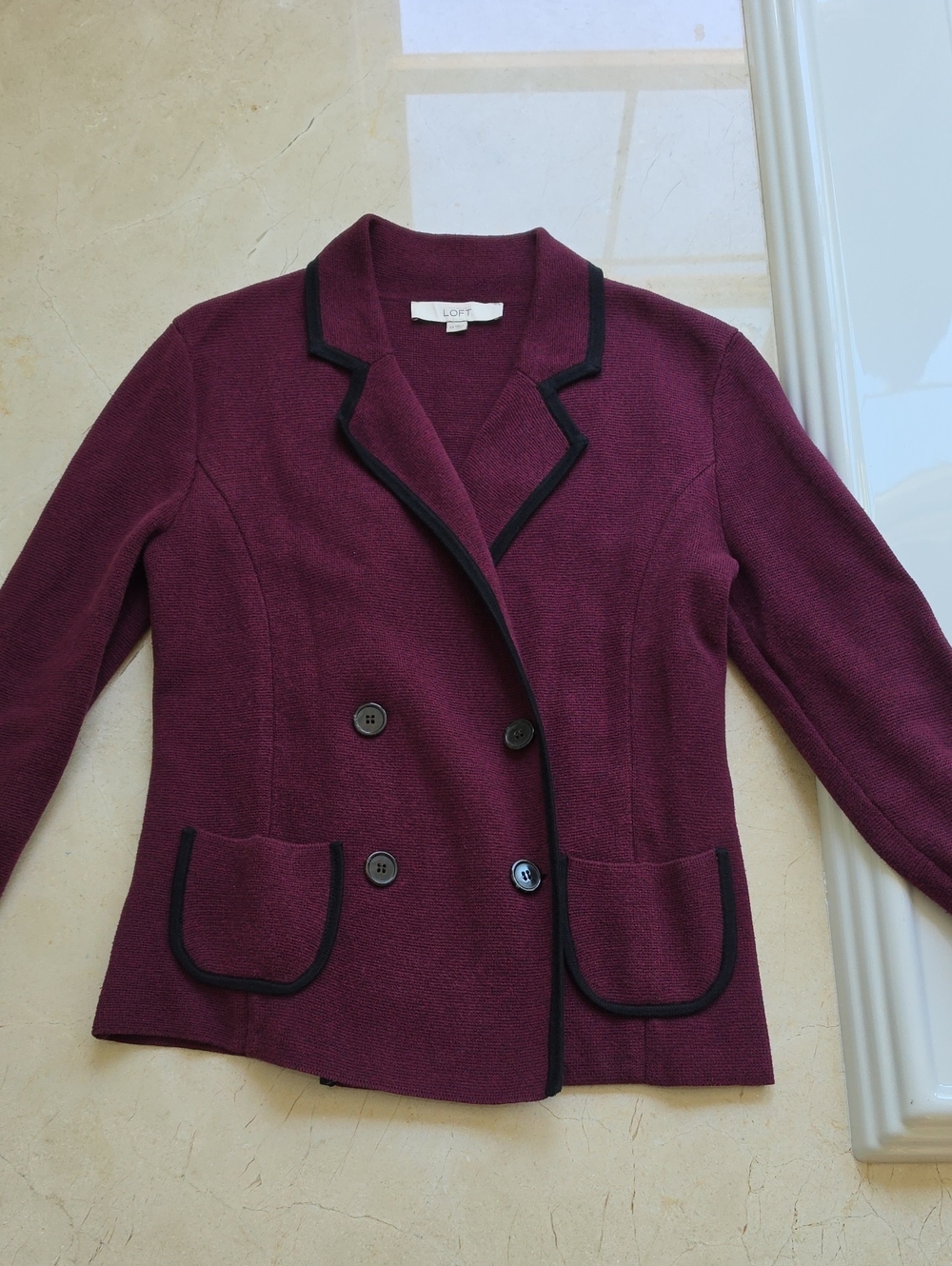 LOFT Burgundy Double-Breasted Blazer with Black Trim